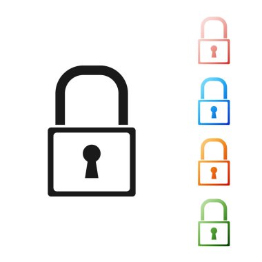 Siyah Kilit simgesi beyaz arkaplanda izole edildi. Asma kilit işareti. Güvenlik, güvenlik, koruma, gizlilik kavramı. Simgeleri renklendirin. Vektör İllüstrasyonu