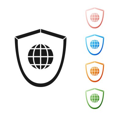 Beyaz arka planda dünya küresi ikonu olan Kara Kalkan. Güvenlik, güvenlik, koruma, gizlilik kavramı. Simgeleri renklendirin. Vektör İllüstrasyonu