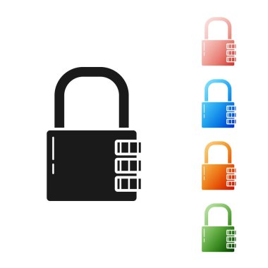 Siyah kasa şifreli kilit simgesi beyaz arkaplanda izole edildi. Kombinasyon asma kilit. Güvenlik, güvenlik, koruma, şifre, gizlilik. Simgeleri renklendirin. Vektör İllüstrasyonu