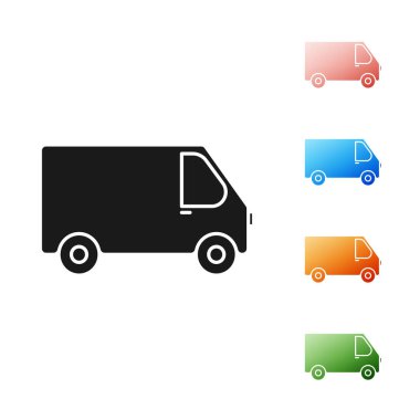 Siyah kargo kamyonu ikonu beyaz arka planda izole edildi. Simgeleri renklendirin. Vektör İllüstrasyonu