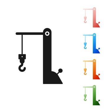 Siyah Liman Vinç simgesi beyaz arkaplanda izole edildi. Kargo vinç kulesi. Simgeleri renklendirin. Vektör İllüstrasyonu