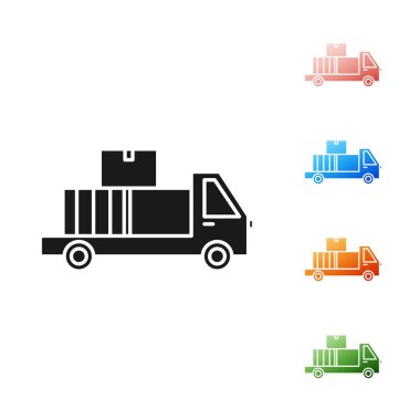 Beyaz arka planda izole edilmiş simgenin arkasında karton kutular olan siyah teslimat kamyonu. Simgeleri renklendirin. Vektör İllüstrasyonu