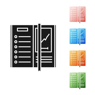 Siyah Not Defteri simgesi beyaz arkaplanda izole edildi. Spiral not defteri simgesi. Yazı tahtası. İş günlüğü. Not defteri kapağı tasarımı. Simgeleri renklendirin. Vektör İllüstrasyonu