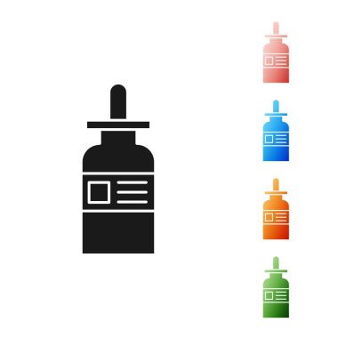 Beyaz arka planda izole edilmiş bir pipet ikonu olan siyah cam şişe. Tıbbi ve kozmetik ürünler için konteynır. Simgeleri renklendirin. Vektör İllüstrasyonu