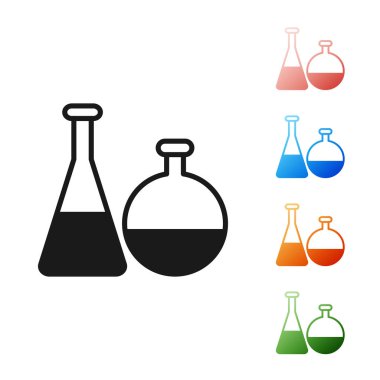Beyaz arka planda siyah test tüpü ve kimyasal test ikonu izole edildi. Laboratuvar cam levhası. Simgeleri renklendirin. Vektör İllüstrasyonu