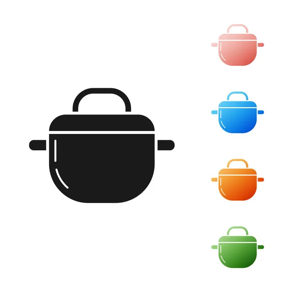 Černá ikona hrnce vaření izolované na bílém pozadí. Vařit nebo dušené jídlo symbol. Nastavit barevné ikony. Vektorová ilustrace — Stockový vektor