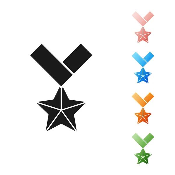Medaglia di ricompensa militare nera icona isolata su sfondo bianco. Segno dell'esercito. Set icone colorate. Illustrazione vettoriale — Vettoriale Stock