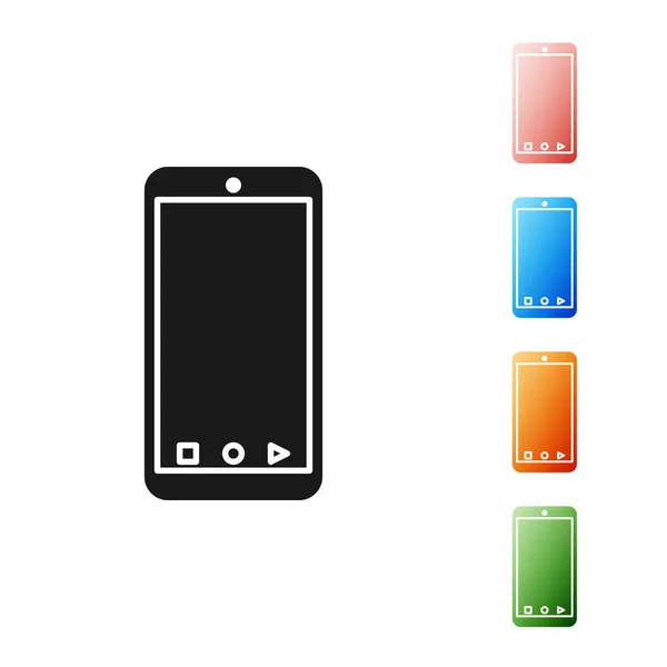 Schwarzes Mobiltelefon mit App-Tracking-Symbol auf weißem Hintergrund. Paketverfolgung. setzen Symbole bunt. Vektorillustration — Stockvektor