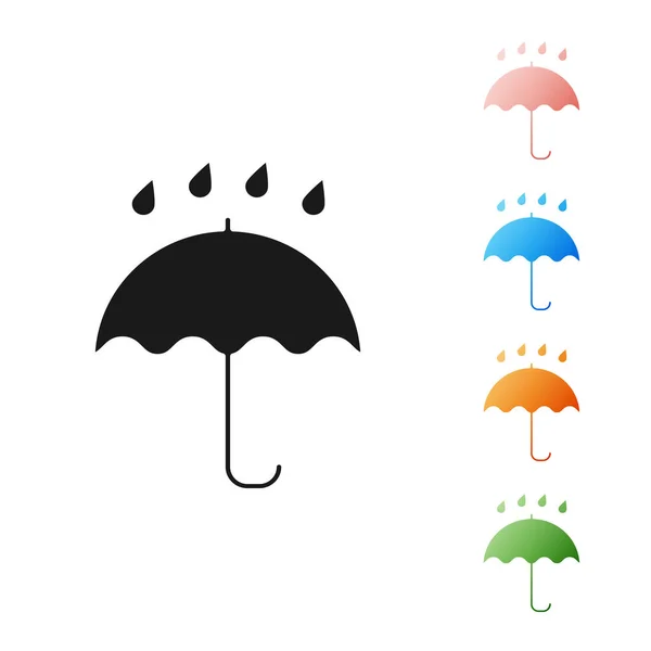 Paraguas negro y gotas de lluvia icono aislado sobre fondo blanco. Icono impermeable. Protección, seguridad, concepto de seguridad. Símbolo resistente al agua. Establecer iconos de colores. Ilustración vectorial — Vector de stock