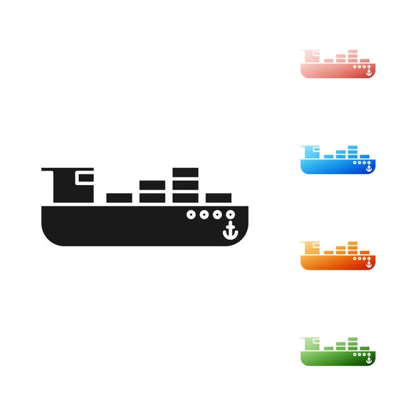 Black Cargo корабль с коробками доставка значок изолирован на белом фоне. Доставка, транспорт. Грузовой корабль с посылками, коробками, товарами. Набор иконок красочный. Векторная миграция — стоковый вектор