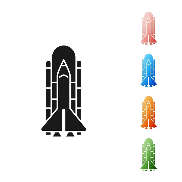 Schwarzes Space Shuttle und Raketensymbol isoliert auf weißem Hintergrund. setzen Symbole bunt. Vektorillustration — Stockvektor