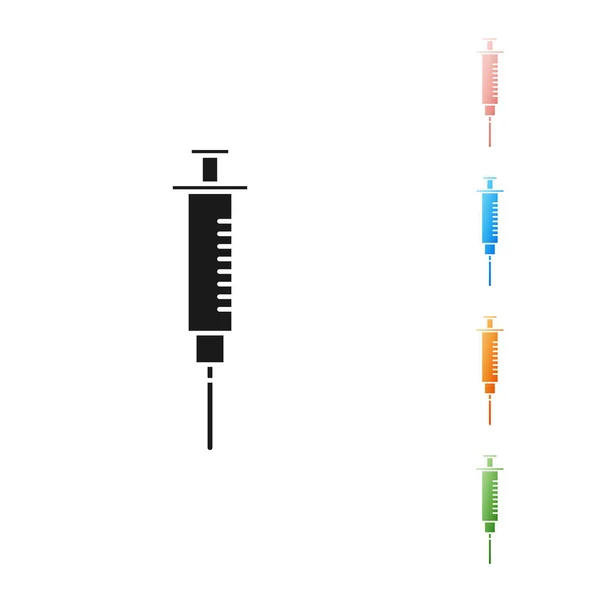 Zwarte spuit pictogram geïsoleerd op witte achtergrond. Spuit voor vaccin, vaccinatie, injectie, griep schot. Medische apparatuur. Stel pictogrammen kleurrijk. Vector illustratie — Stockvector