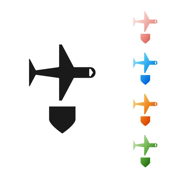 Μαύρο αεροπλάνο με εικονίδιο ασπίδας απομονωμένο σε λευκό φόντο. Πετάει αεροπλάνο. Ασφάλιση αεροπλάνου. Ασφάλεια, ασφάλεια, προστασία, προστασία. Ορισμός εικονίδια πολύχρωμα. Εικονογράφηση διανύσματος — Διανυσματικό Αρχείο