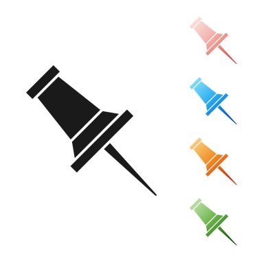 Siyah Pin simgesi beyaz arkaplanda izole edildi. Raptiye işareti. Simgeleri renklendirin. Vektör İllüstrasyonu