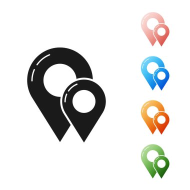 Siyah harita pin simgesi beyaz arka planda yalıtılmış. Navigasyon, işaretçi, konum, harita, GPS, yön, yer, pusula, iletişim, arama kavramı. Simgeler renkli ayarlayın. Vektör Illustration