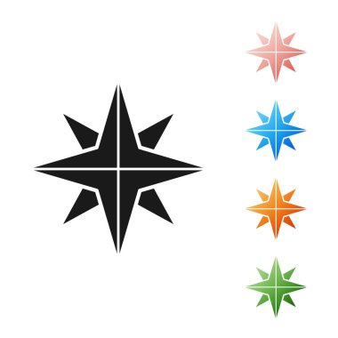 Siyah Rüzgar gül simgesi beyaz arkaplanda izole edildi. Seyahat için pusula simgesi. Navigasyon tasarımı. Simgeleri renklendirin. Vektör İllüstrasyonu