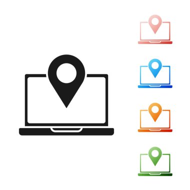 Beyaz arkaplanda konum belirleyici simgesi olan siyah dizüstü bilgisayar. Simgeleri renklendirin. Vektör İllüstrasyonu