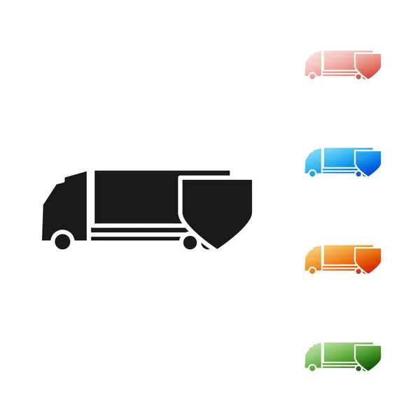 Black Delivery cargo truck with shield icon isolated on white background. Insurance concept. Security, safety, protection, protect concept. Set icons colorful. Vector Illustration — Stock Vector