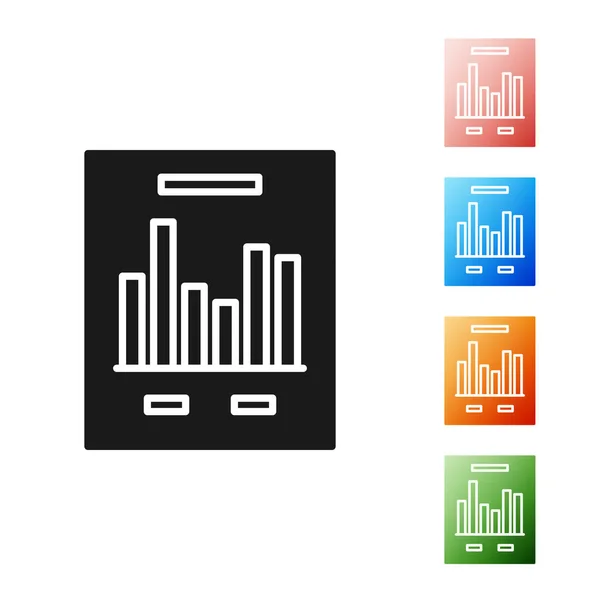 Schwarzes Dokument mit Diagrammdiagramm-Symbol auf weißem Hintergrund. Textdatei-Symbol melden. Buchhaltungszeichen. Prüfung, Analyse, Planung. setzen Symbole bunt. Vektorillustration — Stockvektor