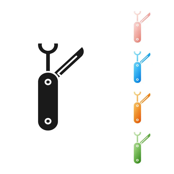 Ícone de faca do exército suíço preto isolado no fundo branco. Multi-ferramenta, canivete polivalente. Ferramenta multifuncional. Definir ícones coloridos. Ilustração vetorial — Vetor de Stock