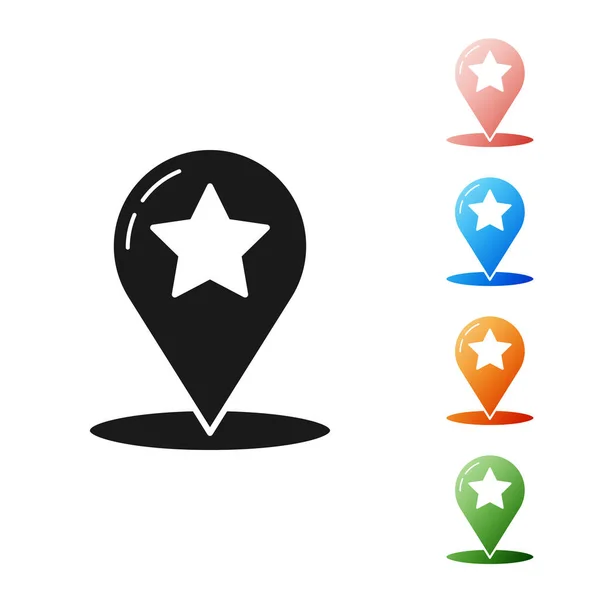 Black Map pointer with star icon isolated on white background. Star favorite pin map icon. Map markers. Set icons colorful. Vector Illustration