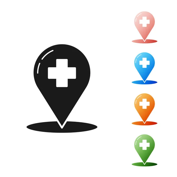 Siyah tıbbi harita işaretçisi, beyaz arka planda çapraz hastane ikonu var. Simgeleri renklendirin. Vektör İllüstrasyonu — Stok Vektör