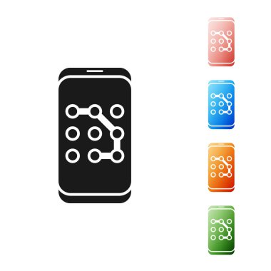 Siyah cep telefonu ve beyaz arkaplanda izole edilmiş grafik şifre koruma simgesi. Güvenlik, güvenlik, kişisel erişim, kullanıcı yetkisi. Simgeleri renklendirin. Vektör İllüstrasyonu