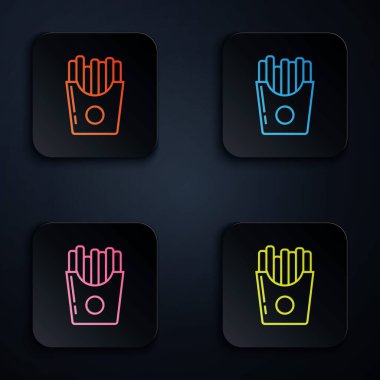 Renkli neon hattı beyaz arka planda izole edilmiş karton paket ikonunda patates kızartması. Fast food menüsü. Renkli kare düğmelere simgeleri yerleştir. Vektör İllüstrasyonu