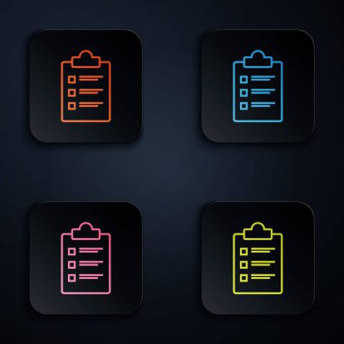 Beyaz arkaplanda kontrol listesi simgesi izole edilmiş renkli neon çizgi panosu. Kontrol listesi sembolü. Anket anketi ya da anket geri bildirim formu. Renkli kare düğmelere simgeleri yerleştir. Vektör İllüstrasyonu