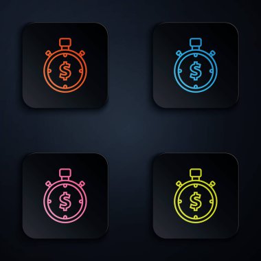 Renkli neon çizgisi Zaman beyaz arkaplandaki para simgesidir. Para zamandır. Etkili zaman yönetimi. Zamanı paraya çevir. Kronometre işareti. Renkli kare düğmelere simgeleri yerleştir. Vektör İllüstrasyonu