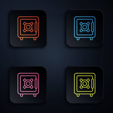 Renk neon çizgisi Beyaz arkaplanda güvenli simge izole edildi. Kapı, şifreli bir banka kasası. Güvenilir Veri Koruma. Renkli kare düğmelere simgeleri yerleştir. Vektör İllüstrasyonu