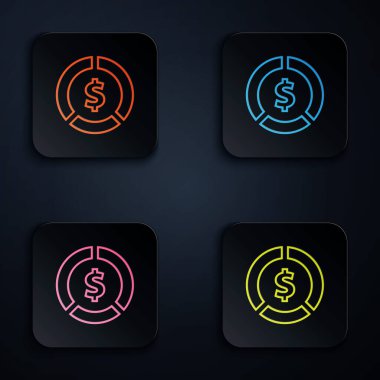 Siyah arkaplanda dolar sembolü olan neon renkli madeni para. Bankacılık işareti. Para sembolü. Renkli kare düğmelere simgeleri yerleştir. Vektör İllüstrasyonu