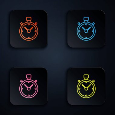 Siyah arkaplanda renkli neon çizgisi Stopwatch simgesi. Zaman göstergesi. Kronometre işareti. Renkli kare düğmelere simgeleri yerleştir. Vektör İllüstrasyonu