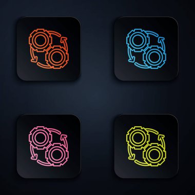 Renkli neon hattı Gear ve okları iş akışı konsept simgesi olarak siyah arkaplanda. Vites doldurma tabelası. Renkli kare düğmelere simgeleri yerleştir. Vektör İllüstrasyonu