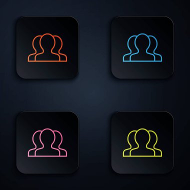 Siyah arkaplanda renkli neon çizgisi kullanıcı grubu simgesi. Bir grup insan ikonu. İş simgesi - kullanıcı profili simgesi. Renkli kare düğmelere simgeleri yerleştir. Vektör İllüstrasyonu
