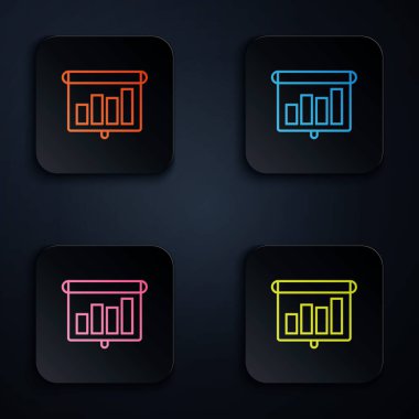 Renkli neon hattı sunum finansal iş panosu grafik, çizelge, diyagram, bilgi grafiği, turta grafik simgesi siyah arkaplan üzerinde. Renkli kare düğmelere simgeleri yerleştir. Vektör İllüstrasyonu