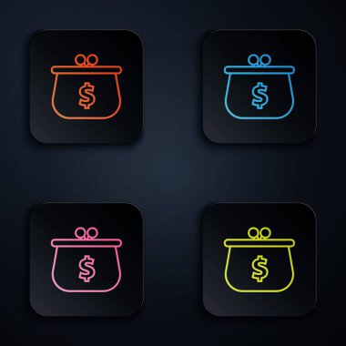 Siyah arka planda dolar sembolü olan renkli neon çizgili cüzdan. Çanta ikonu. Nakit tasarruf sembolü. Renkli kare düğmelere simgeleri yerleştir. Vektör İllüstrasyonu