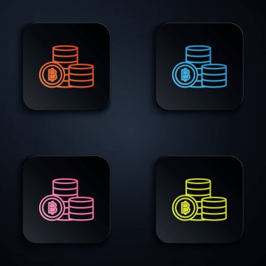 Siyah arkaplanda renkli neon çizgisi Kripto Para Simgesi Bitcoin simgesi. Engelleme teknolojisi, bitcoin, dijital para piyasası, kripto para cüzdanı. Renkli kare düğmelere simgeleri yerleştir. Vektör İllüstrasyonu
