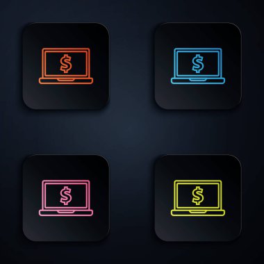 Siyah arkaplanda dolar sembolü olan renkli neon dizüstü bilgisayar. İnternetten alışveriş konsepti. İnternetten kazanç, pazarlama. Renkli kare düğmelere simgeleri yerleştir. Vektör İllüstrasyonu