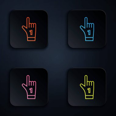 Renkli neon çizgisi bir numaralı fan eldiveni ve parmak kaldırılmış simgesi beyaz arkaplanda izole. Yarışmalarda takım desteğinin sembolü. Renkli kare düğmelere simgeleri yerleştir. Vektör İllüstrasyonu