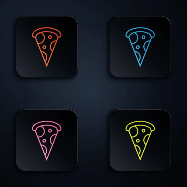 Color neón línea Rebanada de pizza icono aislado sobre fondo blanco. Menú de comida rápida. Establecer iconos en botones cuadrados de colores. Ilustración vectorial — Vector de stock