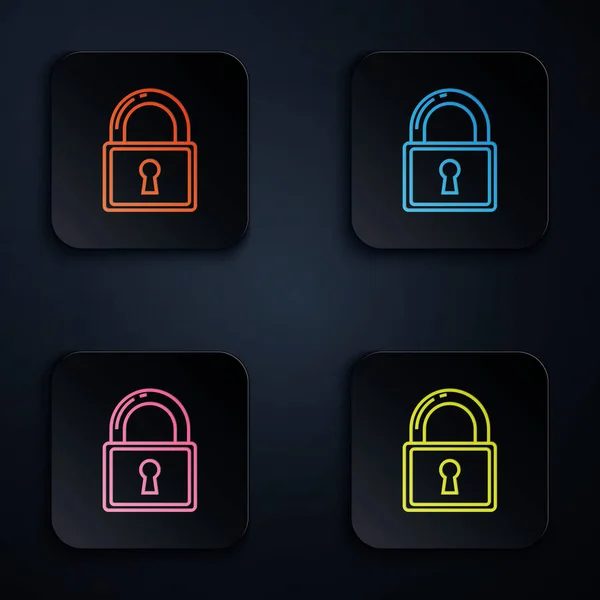 Kolor neon line Lock ikona na czarnym tle. Znak kłódki. Bezpieczeństwo, ochrona, koncepcja prywatności. Zestaw ikon w kolorowe kwadratowe przyciski. Ilustracja wektora — Wektor stockowy