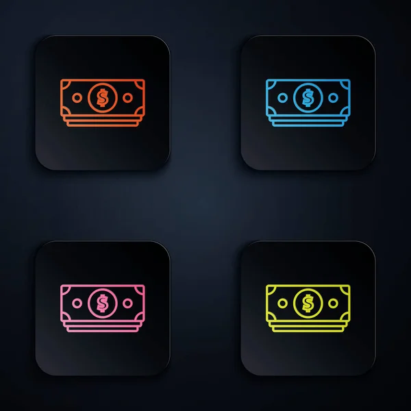 Linea al neon a colori Impila l'icona del denaro cartaceo su sfondo nero. Banconote metalliche. Valuta Bill. Set icone in colorati pulsanti quadrati. Illustrazione vettoriale — Vettoriale Stock