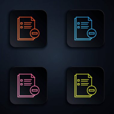 Beyaz arkaplanda eksi simge izole edilmiş renkli neon çizgi belgesi. Belgeyi temizle. Dosya belgesini sil. Bilgi dosyasını sil. Renkli kare düğmelere simgeleri yerleştir. Vektör İllüstrasyonu