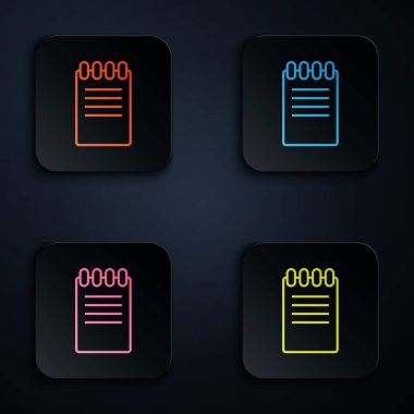 Beyaz arkaplanda renkli neon çizgisi Not Defteri simgesi. Spiral not defteri simgesi. Okul defteri. Yazı tahtası. İş günlüğü. Not defteri kapağı tasarımı. Renkli düğmelere simgeleri yerleştir. Vektör İllüstrasyonu