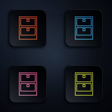 Renk neon hattı kağıt çekmece simgesi beyaz arkaplanda izole edildi. İçinde belgeler olan çekmece. Dosya dolabı çekmecesi. Ofis mobilyası. Renkli kare düğmelere simgeleri yerleştir. Vektör İllüstrasyonu