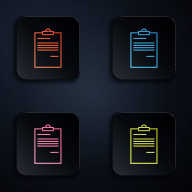 Beyaz arkaplanda renkli neon çizgisi Belge simgesi. Dosya simgesi. Kontrol listesi simgesi. İş konsepti. Renkli kare düğmelere simgeleri yerleştir. Vektör İllüstrasyonu
