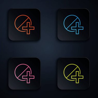 Beyaz arkaplanda izole edilmiş renkli neon çizgisi ilaç veya tablet ikonu. Kapsül hapı ve uyuşturucu işareti. Eczane tasarımı. Renkli kare düğmelere simgeleri yerleştir. Vektör İllüstrasyonu