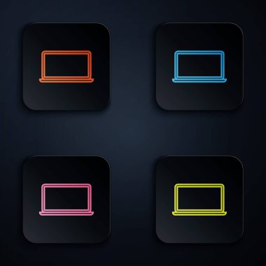 Renkli neon çizgi dizüstü bilgisayar simgesi beyaz arkaplanda izole edildi. Boş ekran işaretli bilgisayar defteri. Renkli kare düğmelere simgeleri yerleştir. Vektör İllüstrasyonu