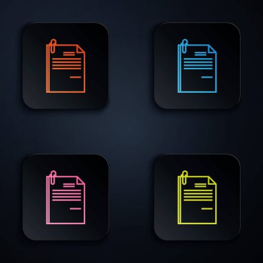 Renkli neon çizgi dosyası ve ataç simgesi beyaz arkaplanda izole edildi. Kontrol listesi simgesi. İş konsepti. Renkli kare düğmelere simgeleri yerleştir. Vektör İllüstrasyonu